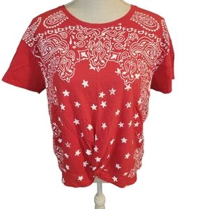 Lucky Brand Red and White Bandana Knot Front Top Short Sleeve Size Medium